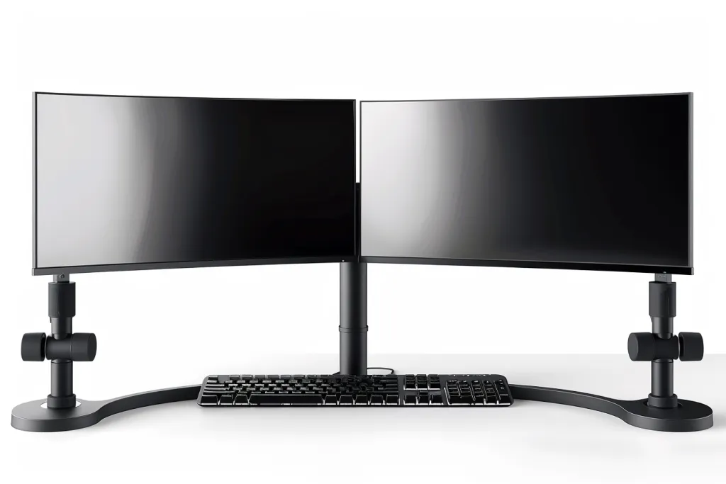 a black dual monitor stand with two arms and one base