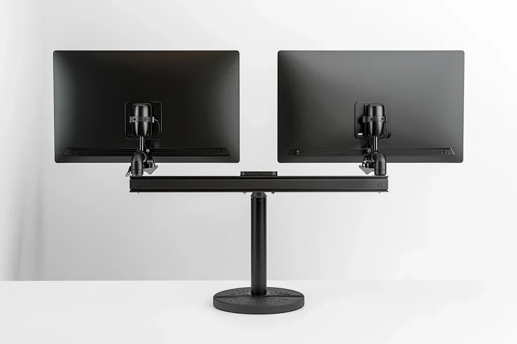 a black dual monitor stand with two arms