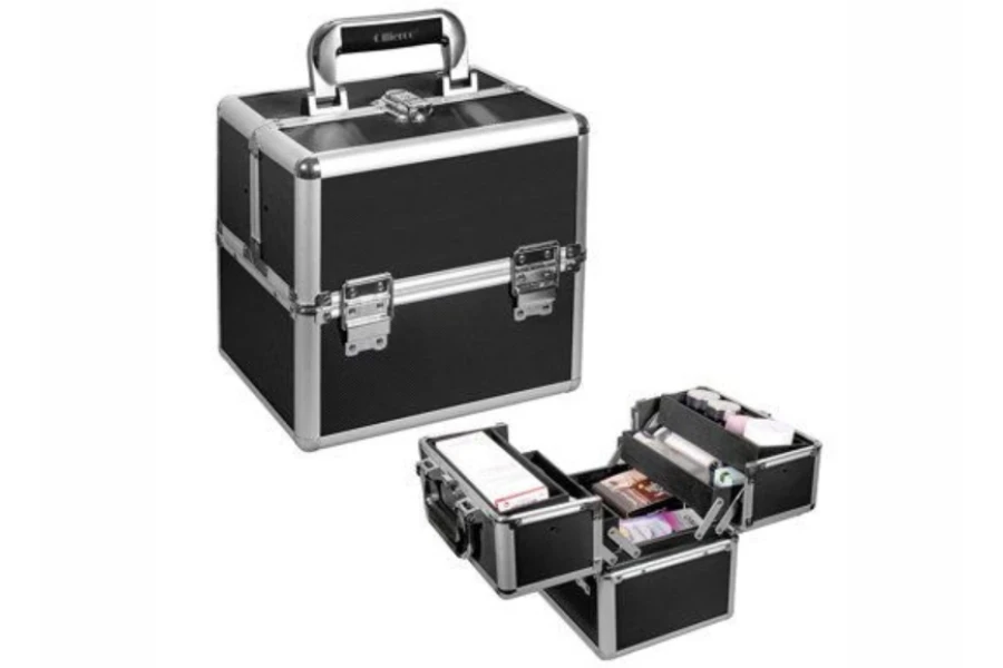 A compact aluminum makeup organizer