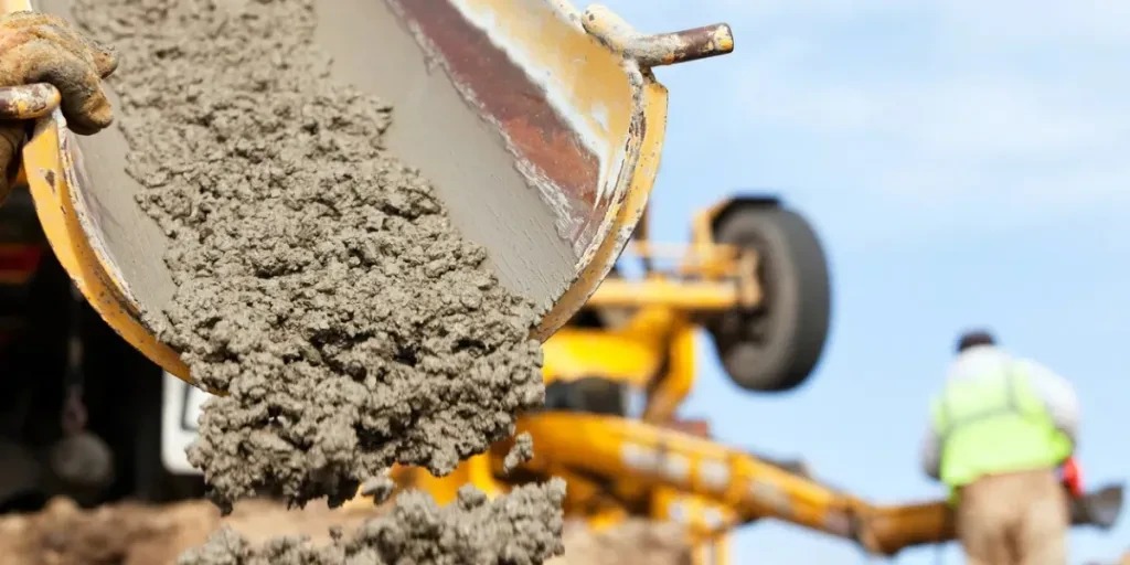 a construction worker is guiding a cement mixer