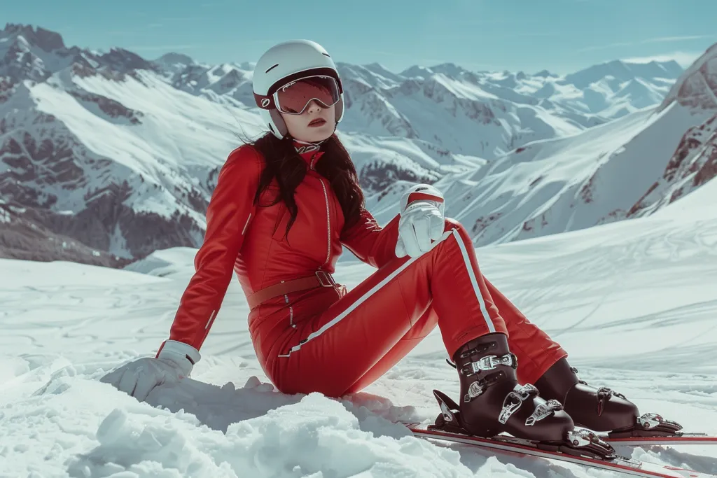 a female model wearing skis and ski boots, sitting on the snow with mountains