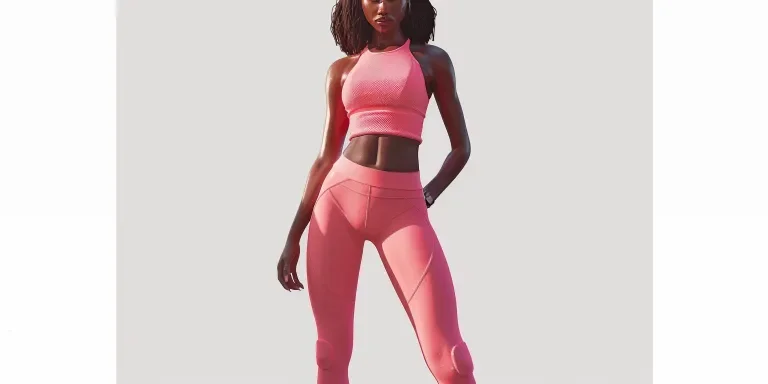 a full body photo of dark skin black hair woman wearing pink short sleeve top