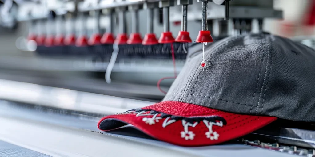 a gray and red industrial embroidery machine