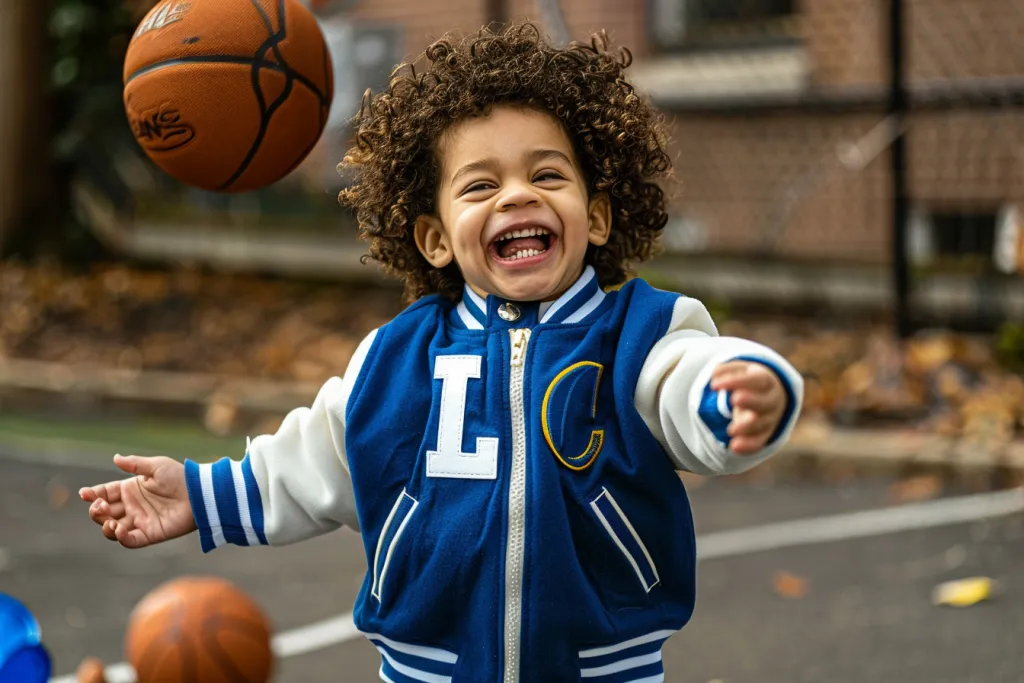 a happy child boy wearing a blue and white letterman jacket