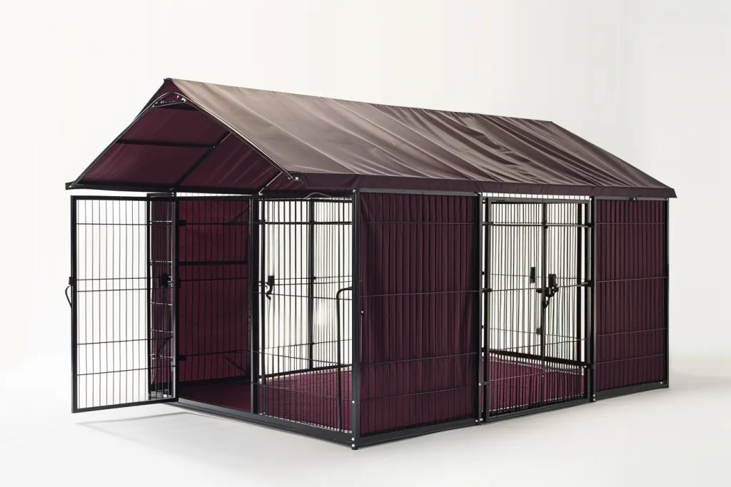 a large outdoor dog run with roof and gate