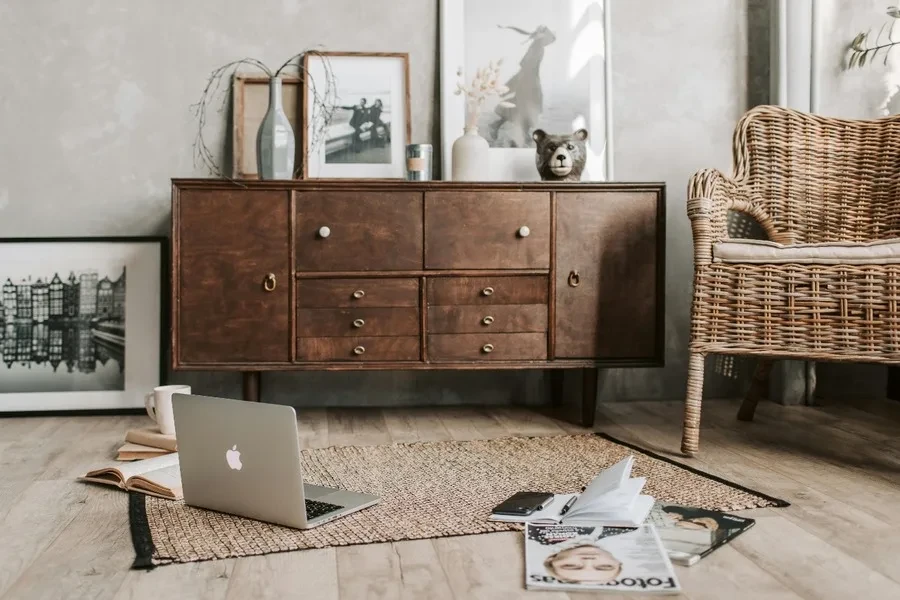 A living room with a rustic theme