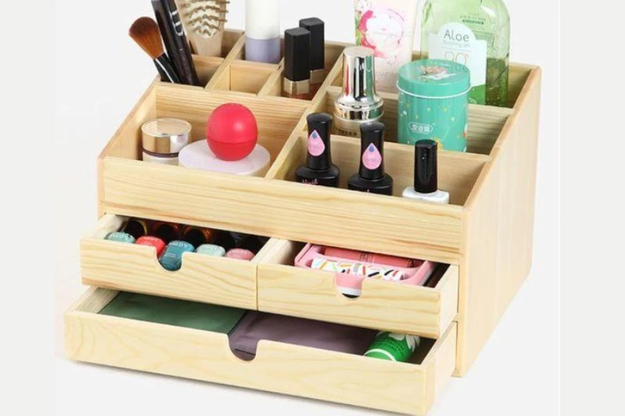 A makeup organizer with drawers