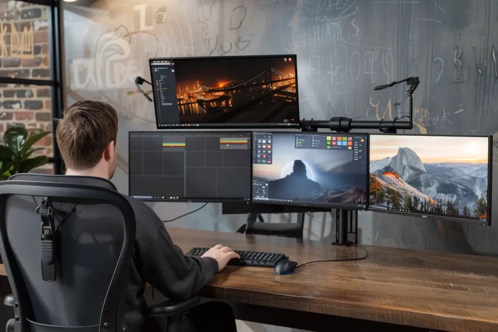 a man sitting at a desk with four monitors