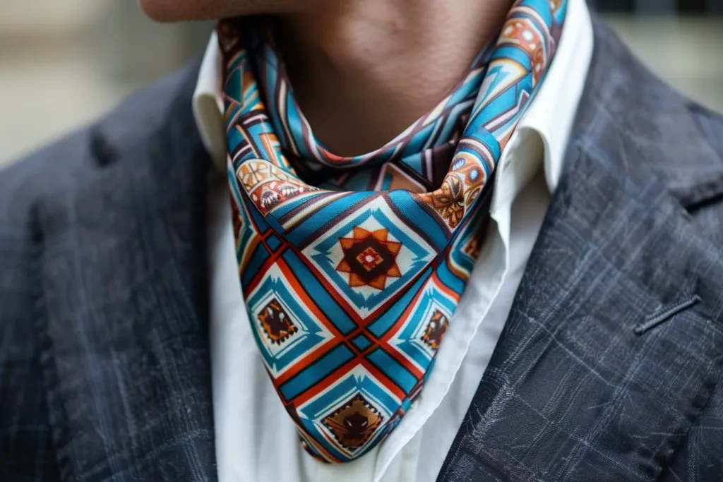 a man wearing an blue, brown and orange patterned silk scarf