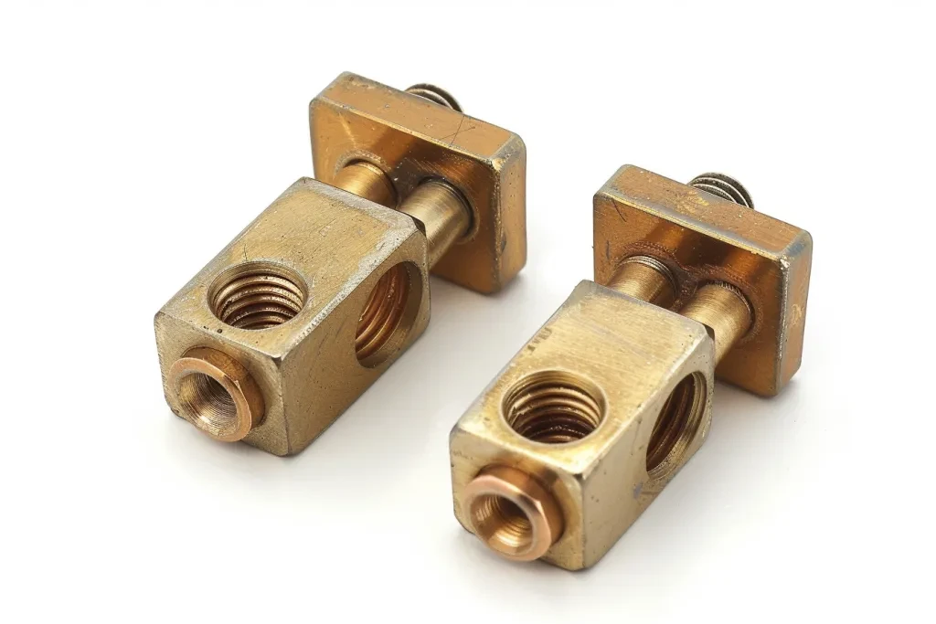 a pair of heavy brass battery eosi clamps