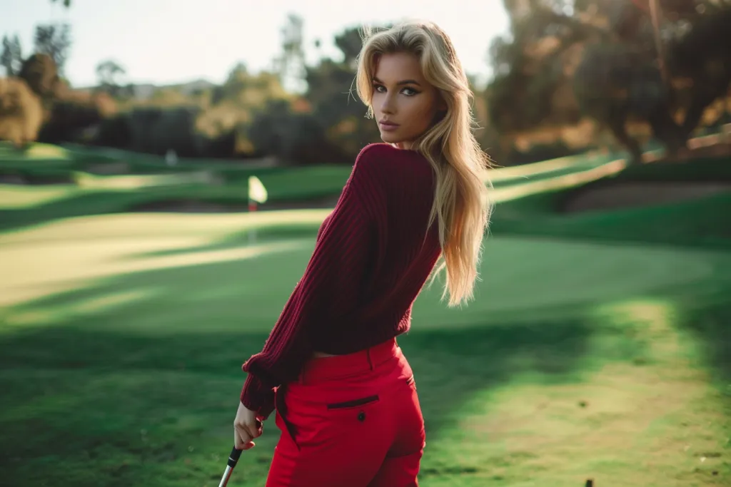 a photo of an attractive blonde woman in red pants