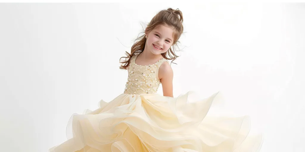 a photo of an smiling young girl wearing a beautiful light yellow tulle halter neck ball gown