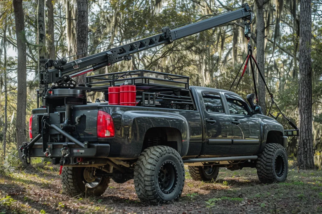 a pickup truck with an off road bar style bed rack and red paint canister on the back