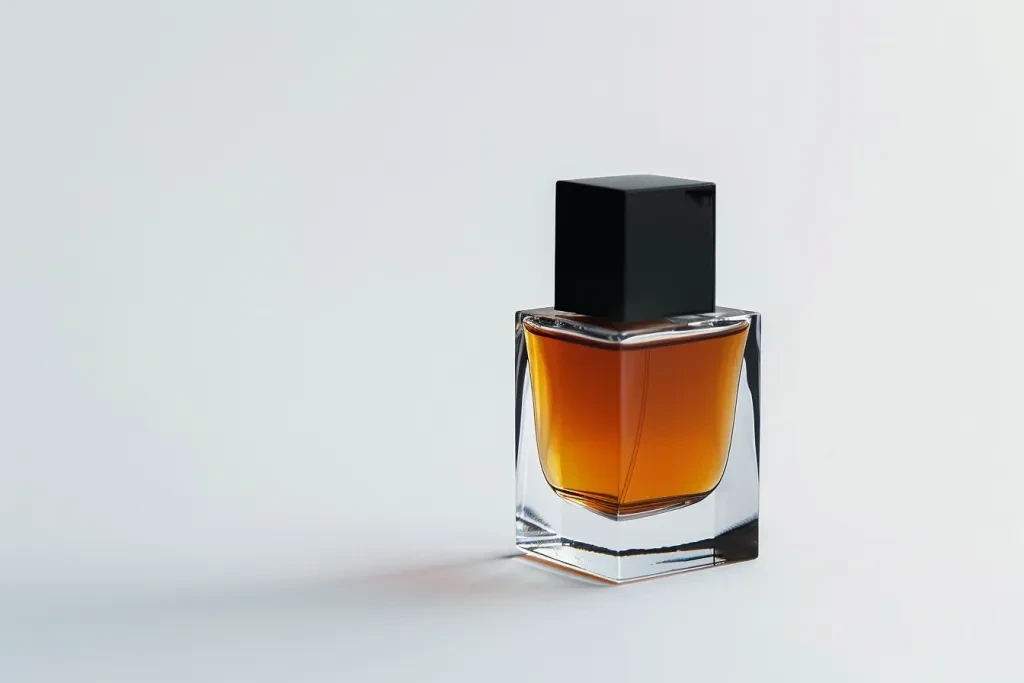 a rectangular perfume bottle with black cap