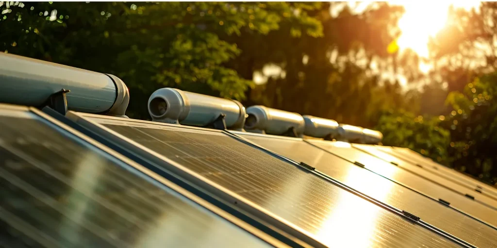 a solar water system on a roof with three large white pipes, atop which is a gray pipe connected through it to an electric heat pump