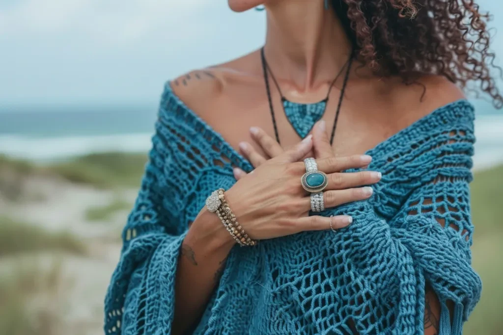 a woman in blue crochet oversized tshirt with vneck