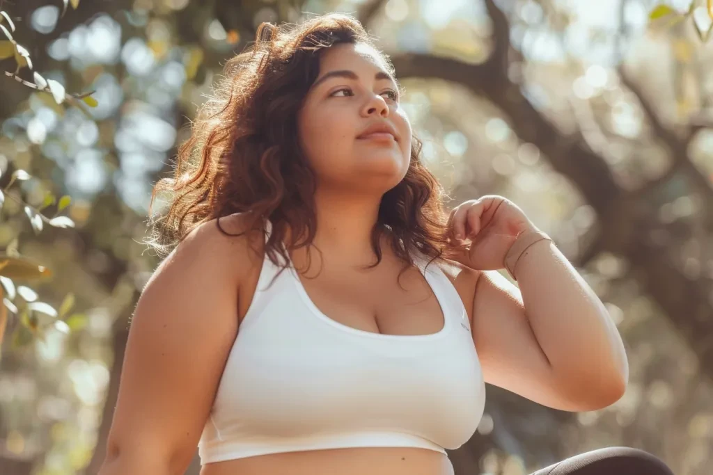 a woman wearing  a high impact sports bra