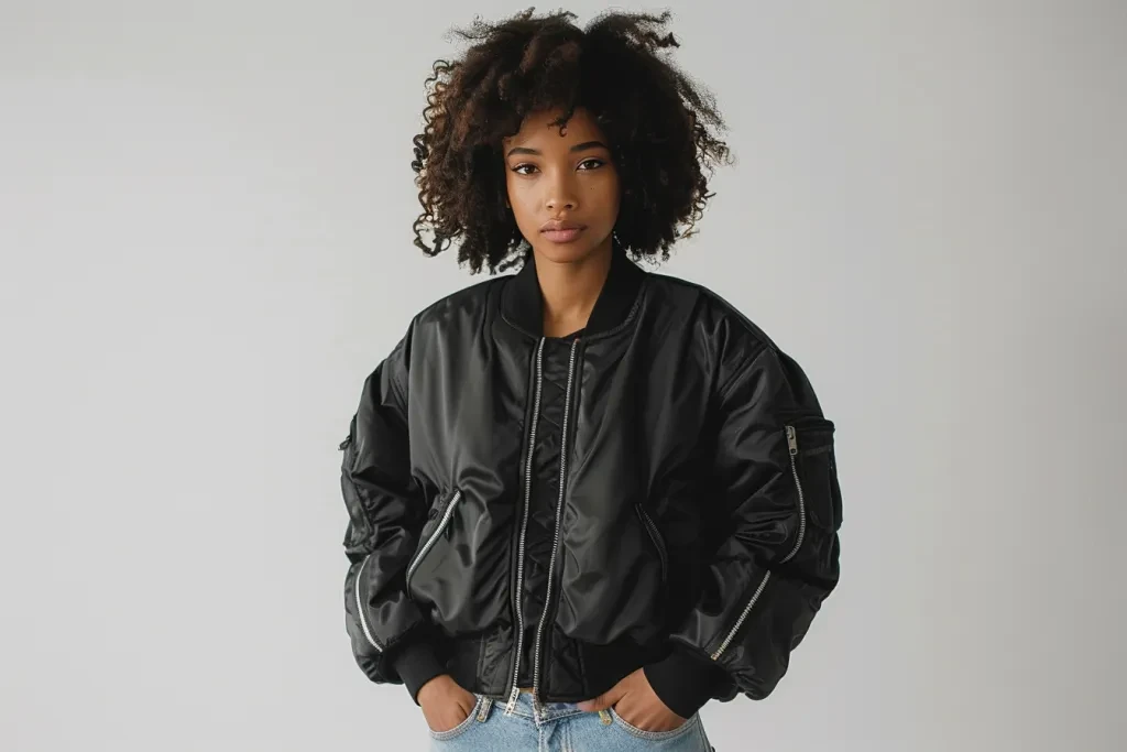 a woman wearing an oversized black bomber jacket