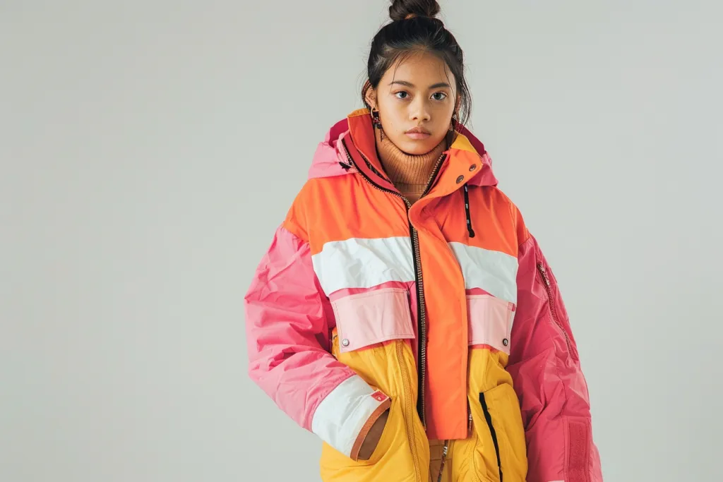 a woman wearing an oversized pink and orange snow jacket