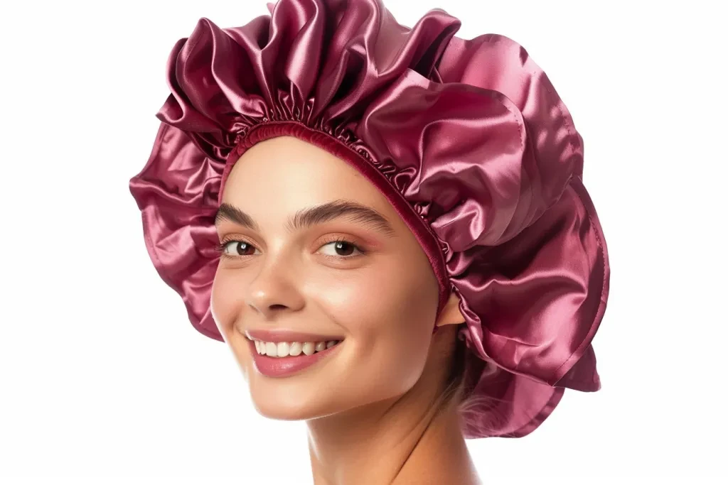 woman wearing a wine red and pink satin hair bonnet