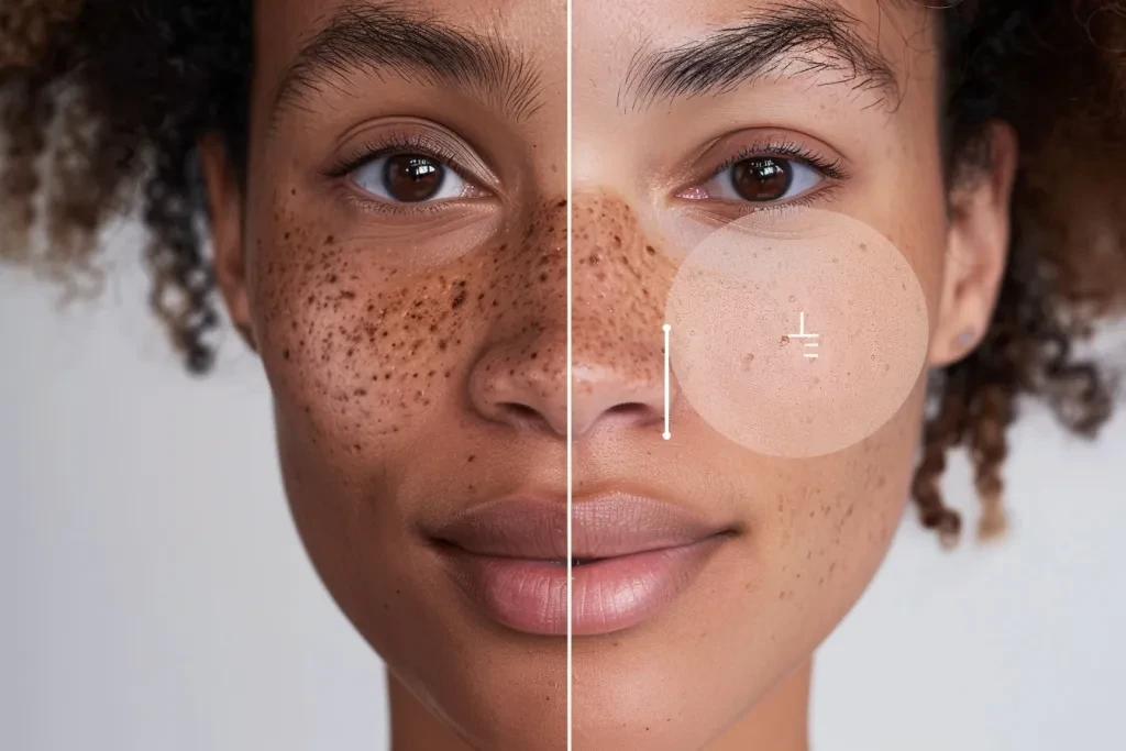 before and after photo shows an approving skin commercial