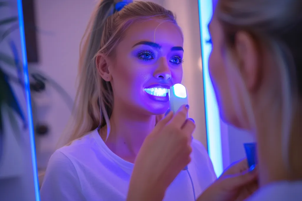 A blonde woman is using an LED teeth whitening device