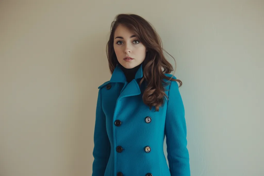 A bright blue wool coat with double buttons