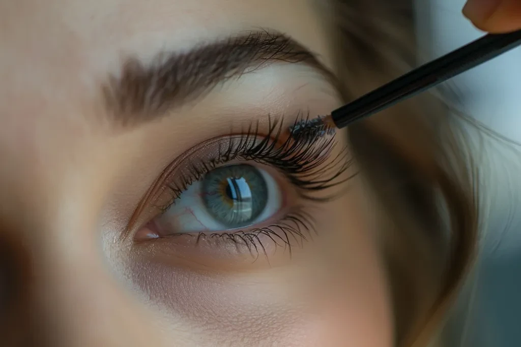 the woman's eye with long dark brown lashes