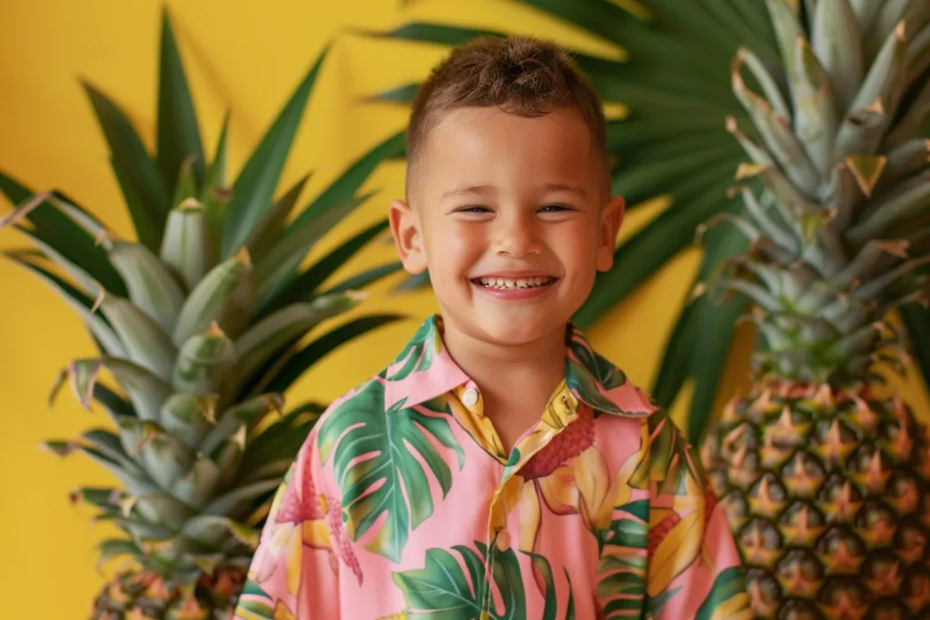 A cute little boy wearing a palm leaf shirt