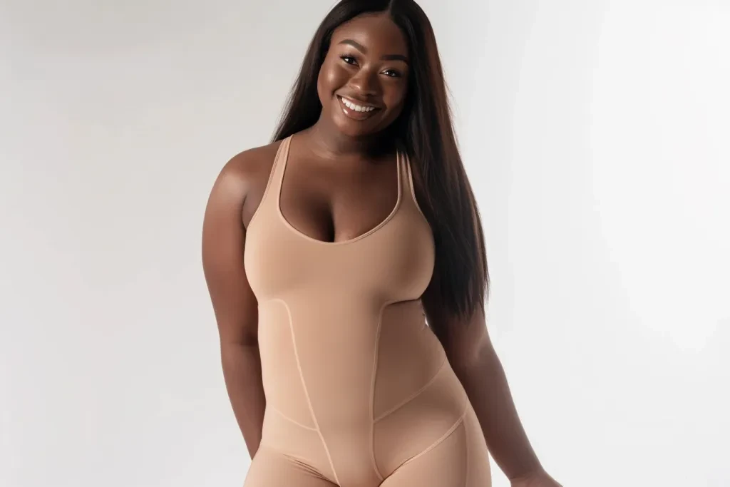 an African American woman wearing beige colored smooth shapewear