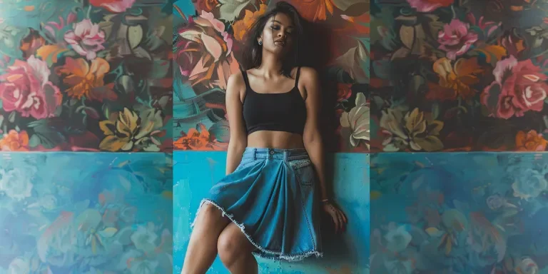 Una mujer india que lleva una falda vaquera azul