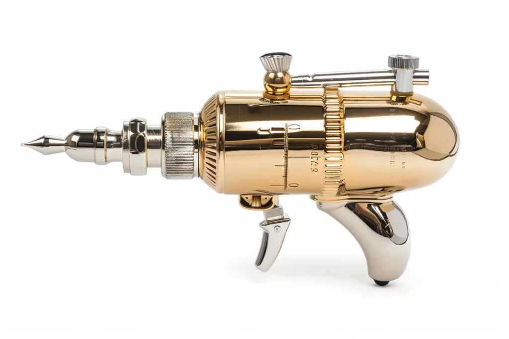 A gold airbrush with an inflatable canister