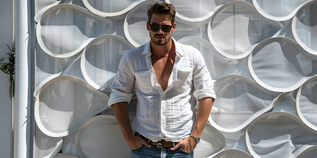 A handsome man wearing white linen shirt