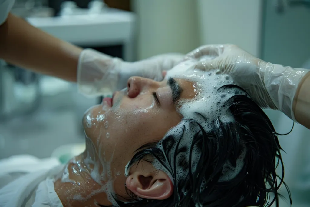 A man is having his hair washed