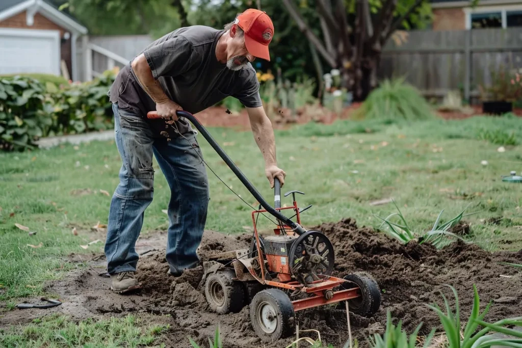 A man is using an electric garden tiller