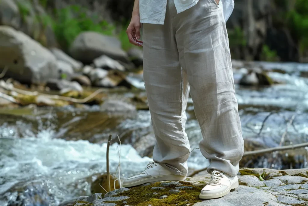 A woman wearing linen pants
