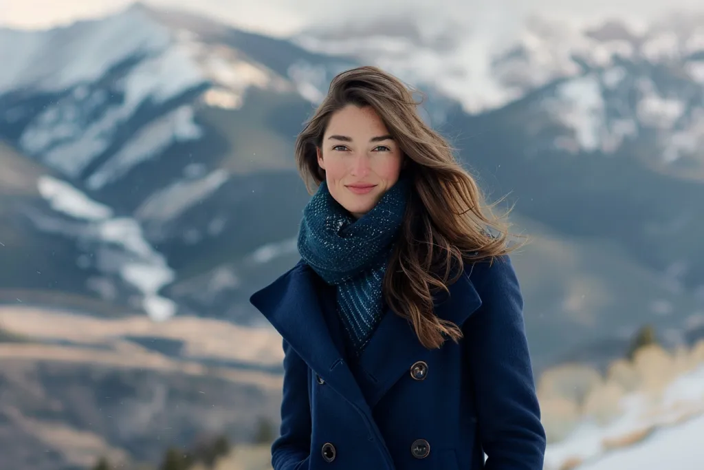 A model wearing a blue wool coat