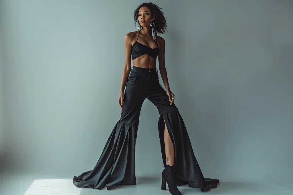 A model wearing black wide leg pants