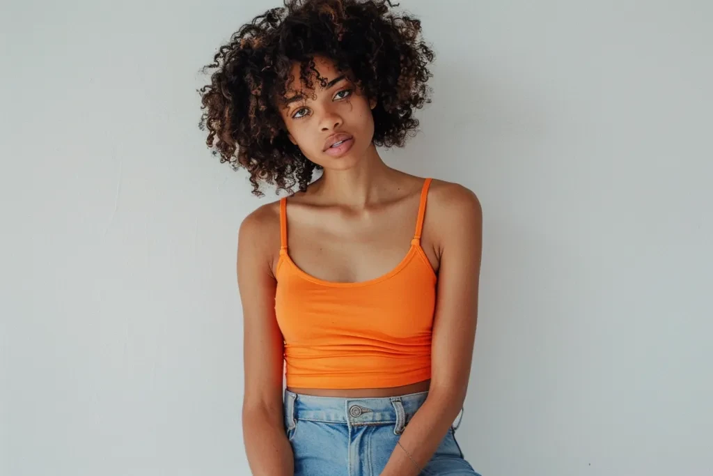 a model wears an orange tank top and jeans