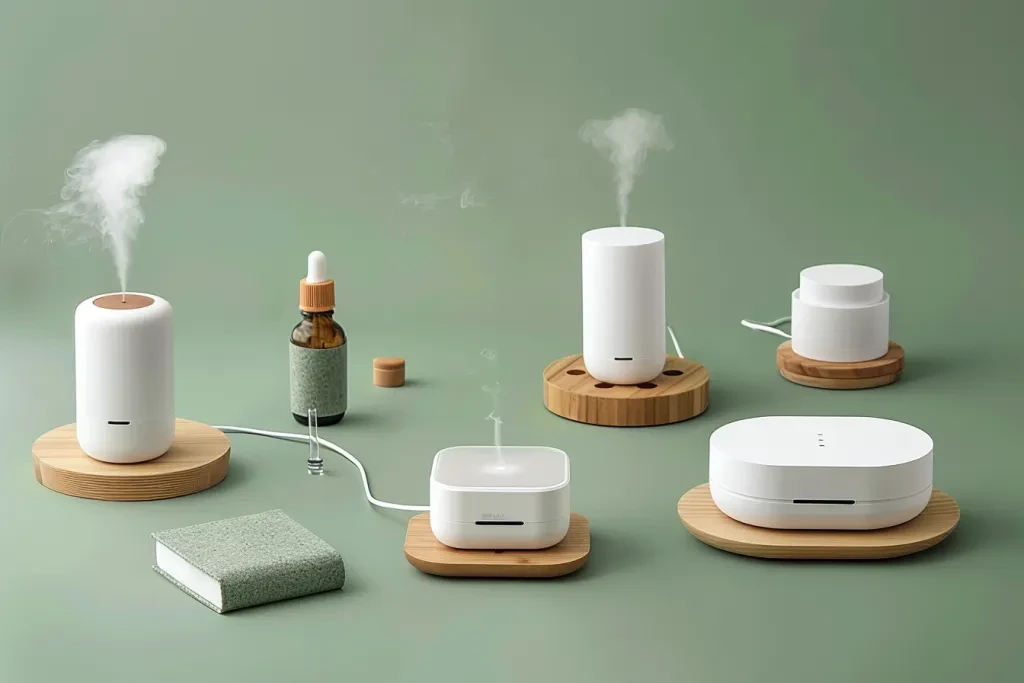 A photo of various essential oil diffusers