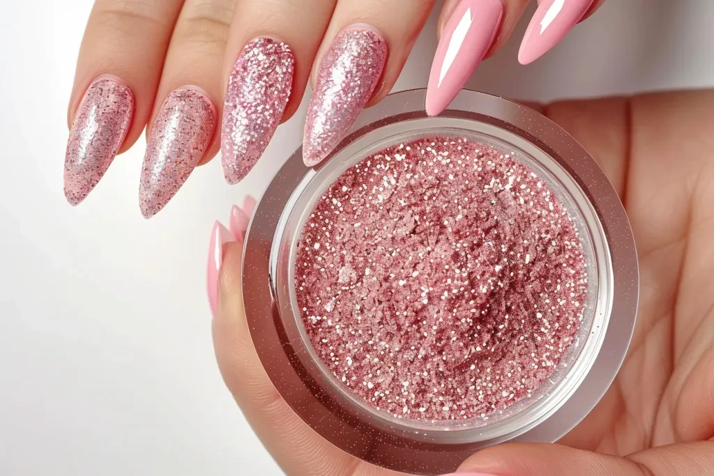 light pink glitter powder in an acrylic jar