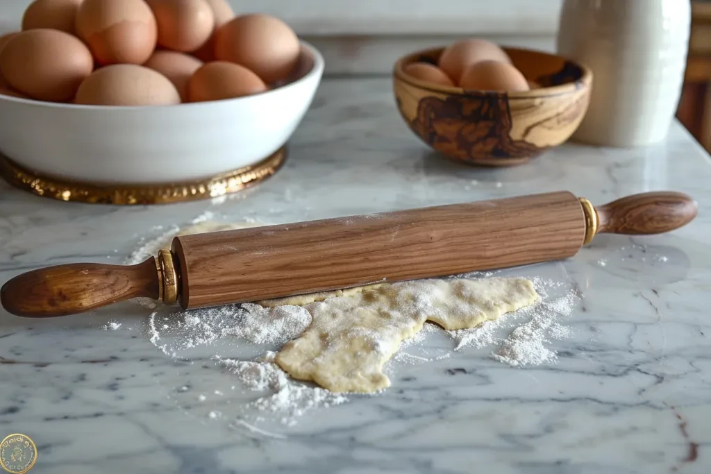 A rolling pin is sitting on top of the dough