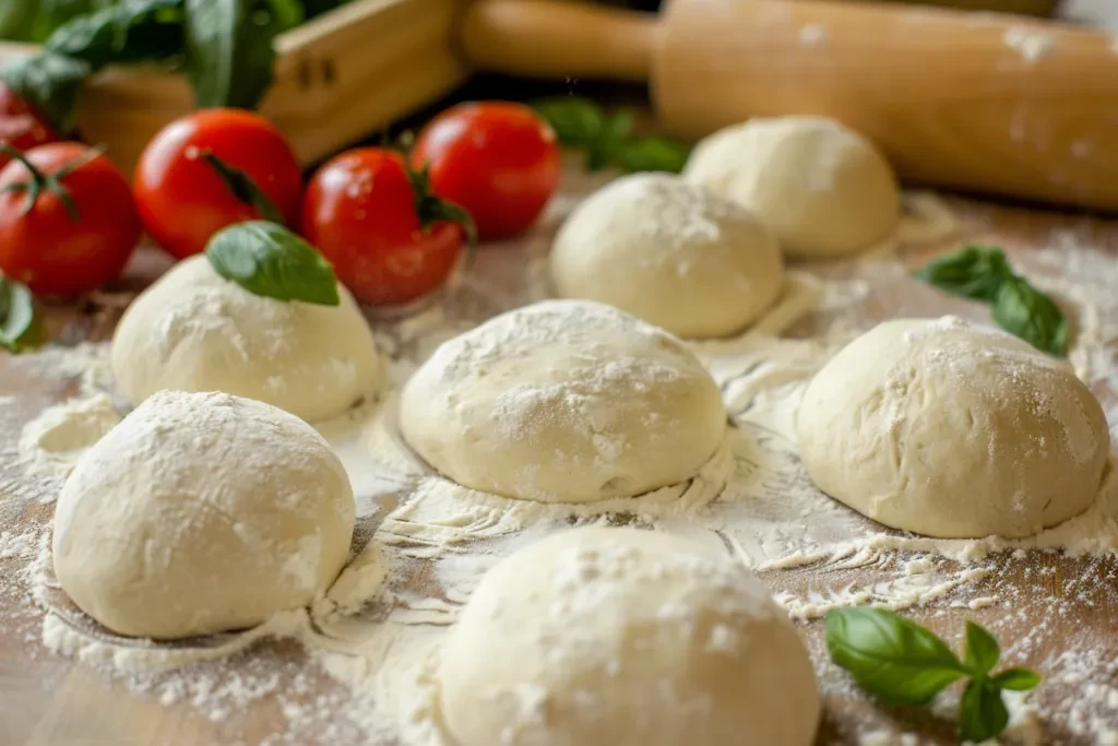 A rolling pin is used to shape the dough into round balls