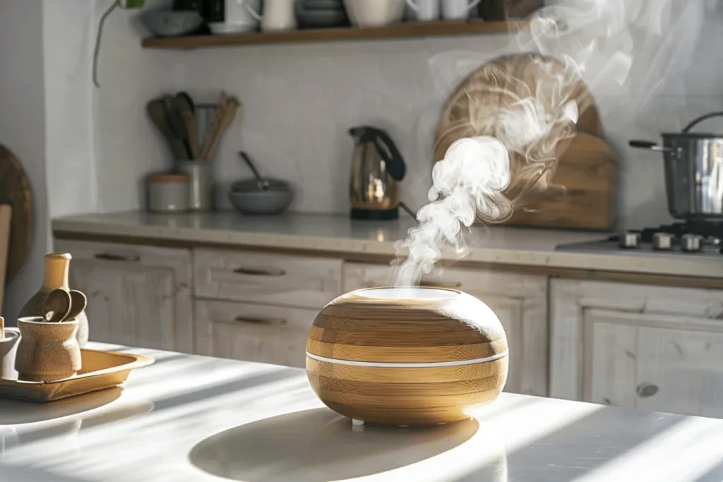 A small round bamboo wood grain humidifier