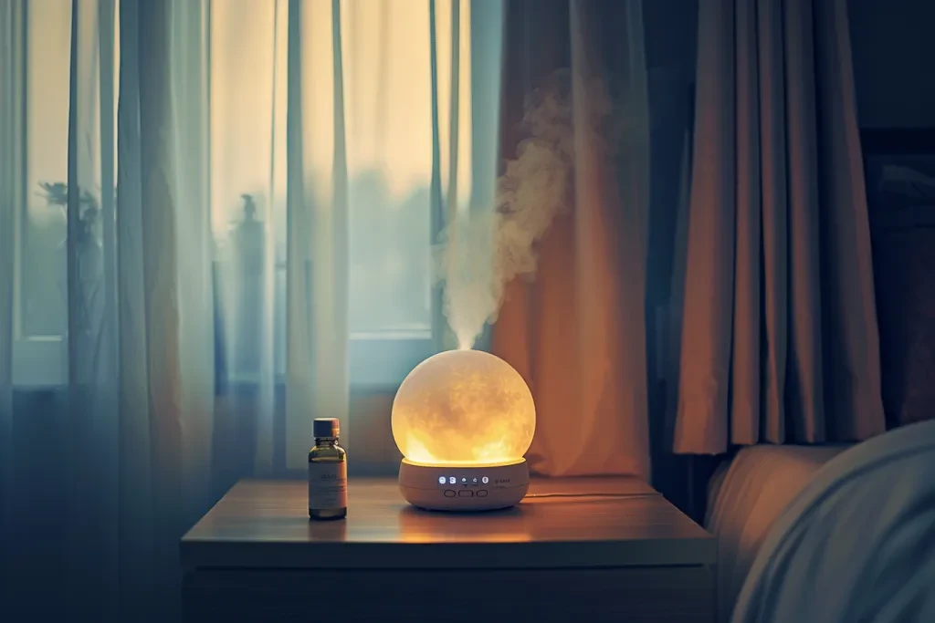 round mist diffuser sitting on an end table