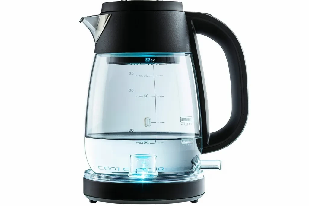 A transparent glass kettle with black handle