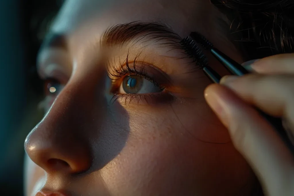 A woman applying mascara to her eyelashes