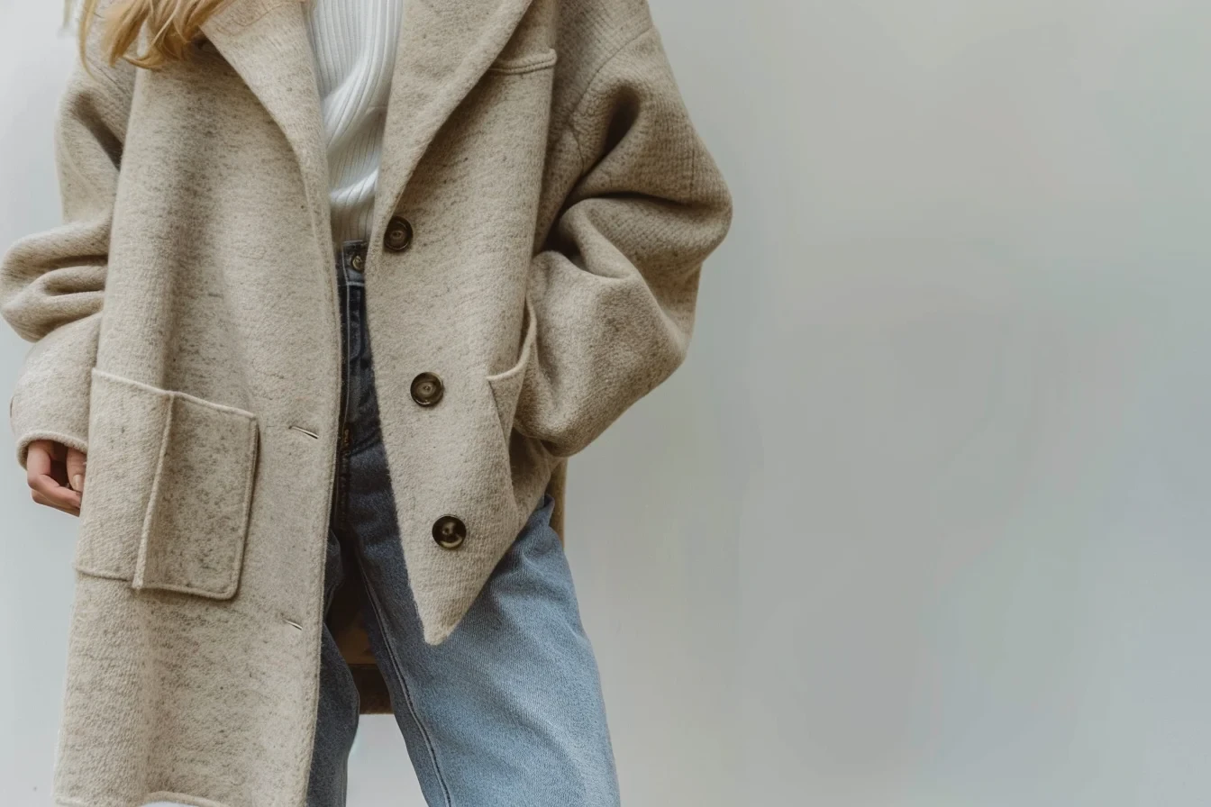 A woman wearing an oversized beige wool coat