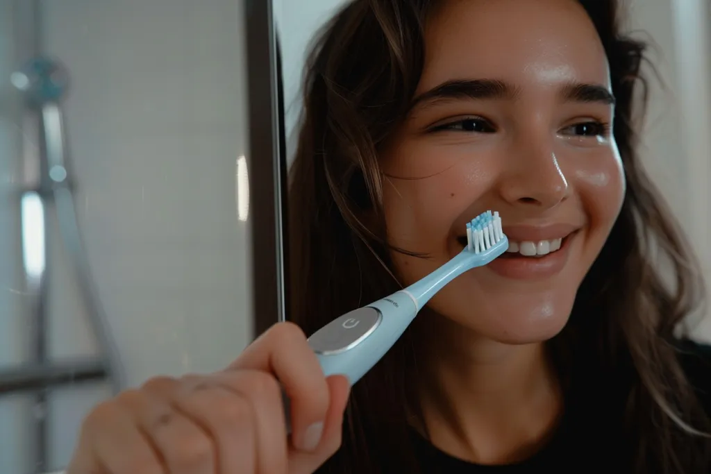 A young woman is smiling while brushing her teeth