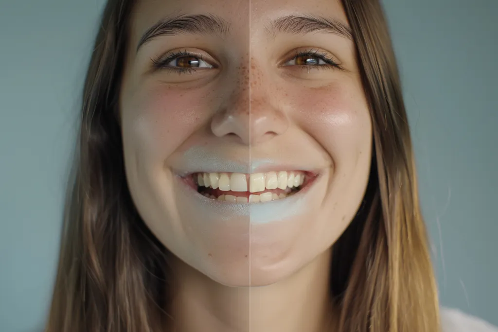 An image shows a woman smiling